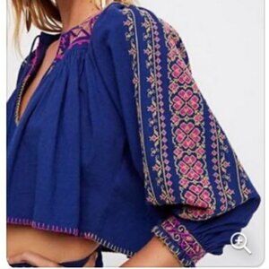 Free People Cherry Bomb Navy Blue Embroidered Boho Cropped Top SIZE SMALL